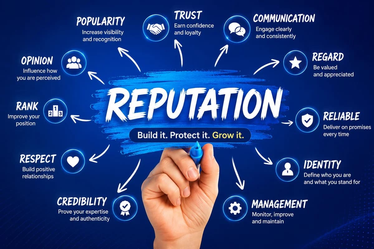 Concept illustration — reputation mind map covering trust, credibility, and communication