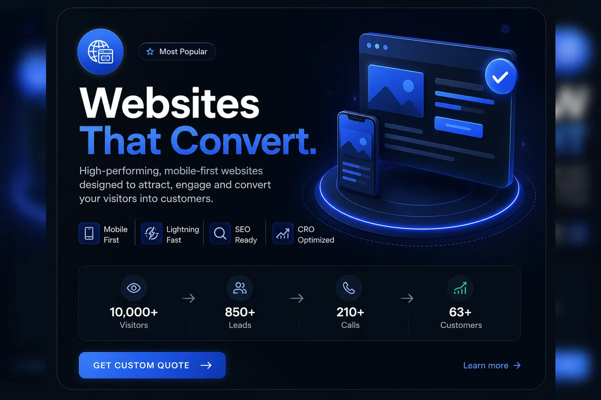 Concept illustration — high-converting website shown on desktop and mobile screens