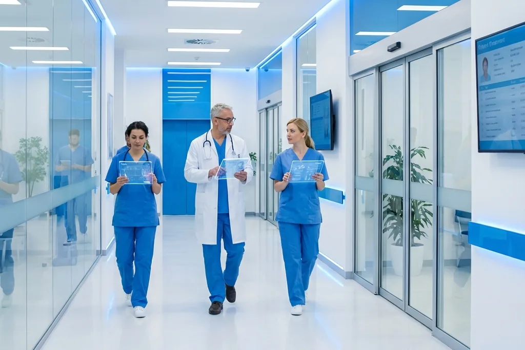 Medical staff walking through a bright, modern clinic corridor