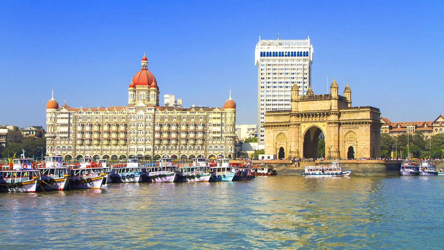 Gateway of India on the Mumbai waterfront, with the Taj Mahal Palace hotel behind it
