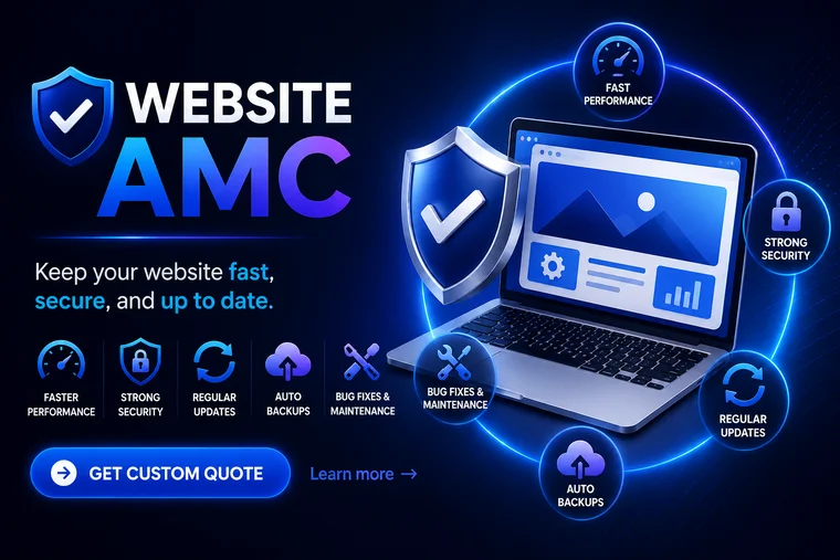 Concept illustration — website maintenance shield with security and update icons around a laptop
