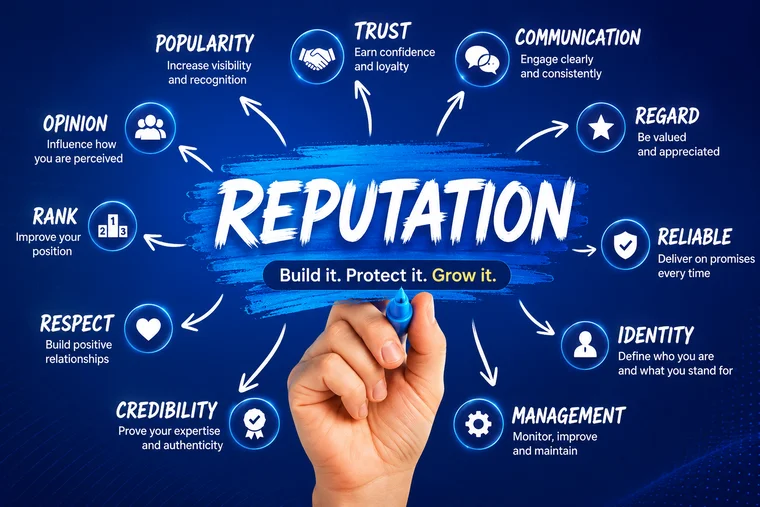 Concept illustration — reputation mind map covering trust, credibility, and communication